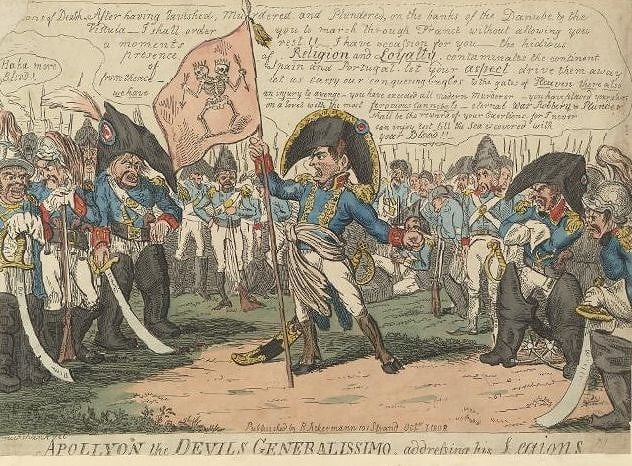 A cartoon. It shows Napoleon rallying the troops. It is titled: Apollyion the Devil's Generalissimo.