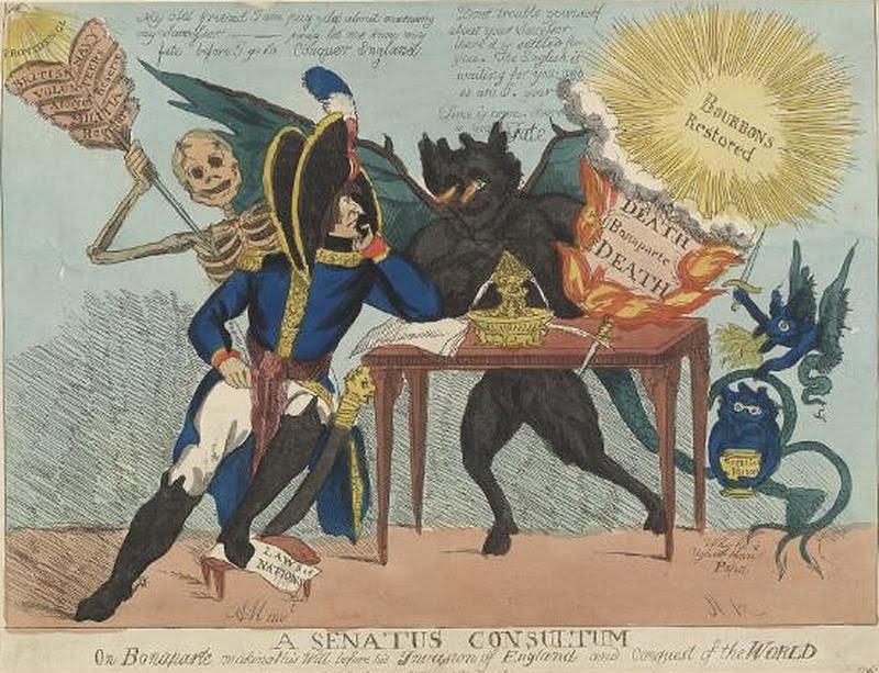 A Cartoon. Napoleon sits on a table and is surrounded by the Devil and a skeleton. The title of the cartoon is "Senatum Consultum."
