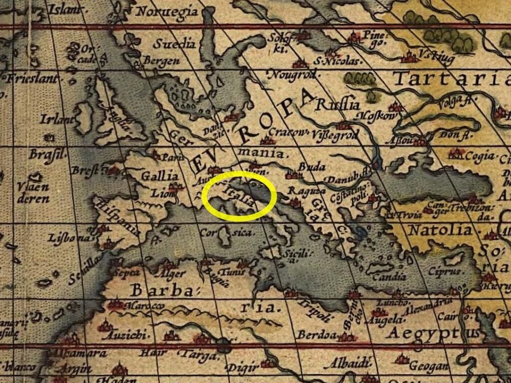 Another old map. In this one, Europe is more accurately drawn. The Italic peninsula is labelled Italy. Other names in Europe include Hispania, Gallia, Germania, Graecia. The northern of Africa is labelled Barbaria and Aegyptus. Many of the land of Asia also have interesting labels.