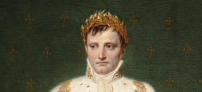 Painting. A portrait of Napoleon dressed in the imperial robes. He holds the symbols of power: a scepter and a world globe.