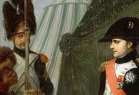 Painting of Napoleon in military uniform surrounded by his officers and foreign officers that are surrendering.