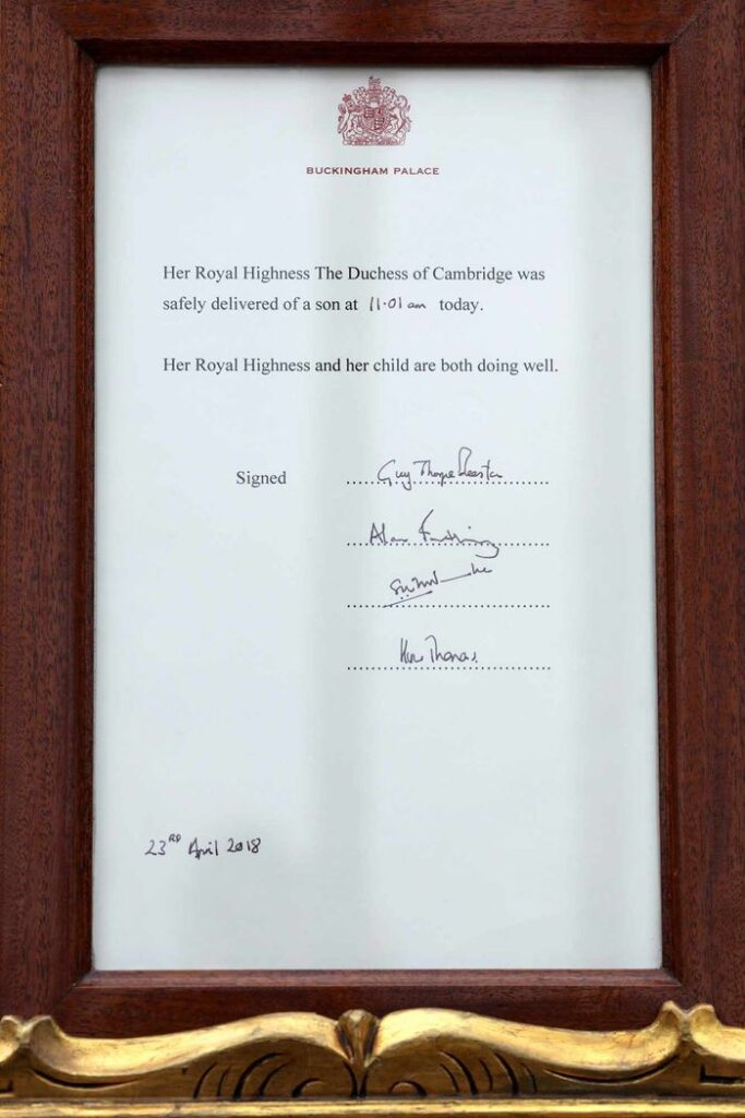 An announcement. It has the "Buckingham Palace" seal on top. It reads: "Her Royal Highness the Duchess of Cambridge was safely delivered of a son at 11:01 am today. Her Royal Highness and her child are both doing well." It is signed by four people. At the bottom it states the date: "23rd April 2018." Then comes the date: "06 May 2019."